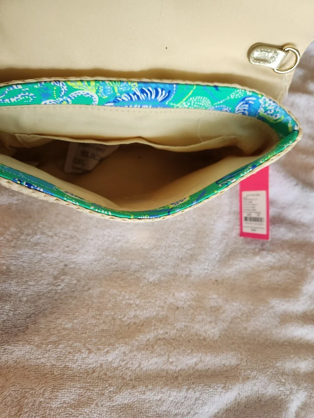 Green Floral-Trim Straw Clutch with Tassels